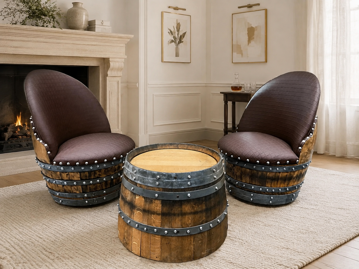 Whiskey &amp; Wine Barrel Coffee Table Set – 2 Chairs