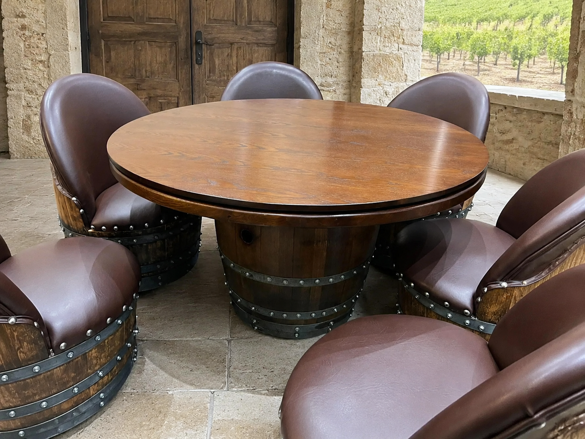 Whiskey &amp; Wine Barrel Game Table Set – 6 Chairs with Poker &amp; Dining Top