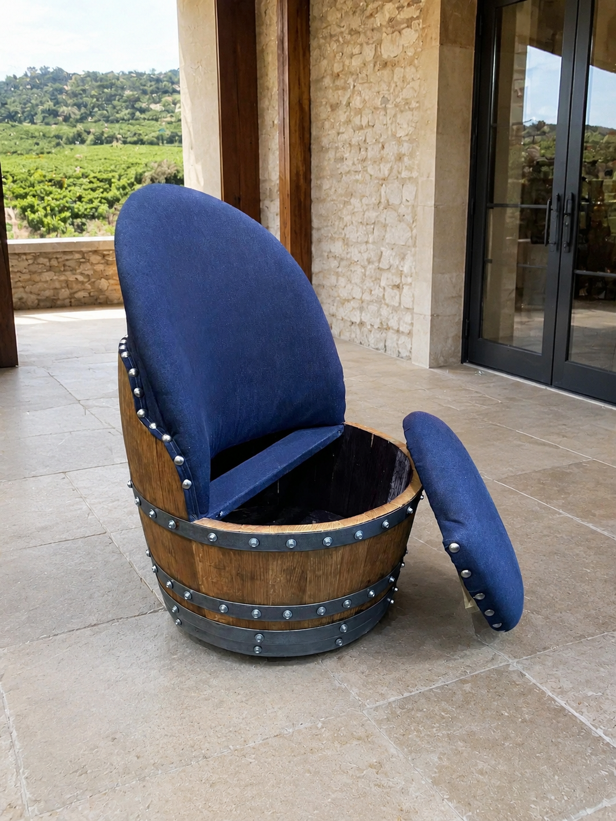 Whiskey &amp; Wine Barrel Game Table Set – Total Denim Limited Edition, 6 Chairs