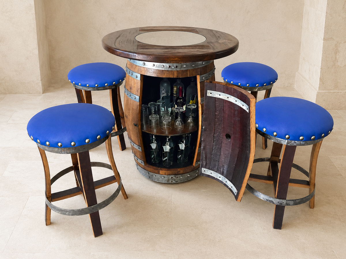 Whiskey &amp; Wine Barrel Pub Set – Limited Colorways, Glass Top &amp; Cabinet Storage