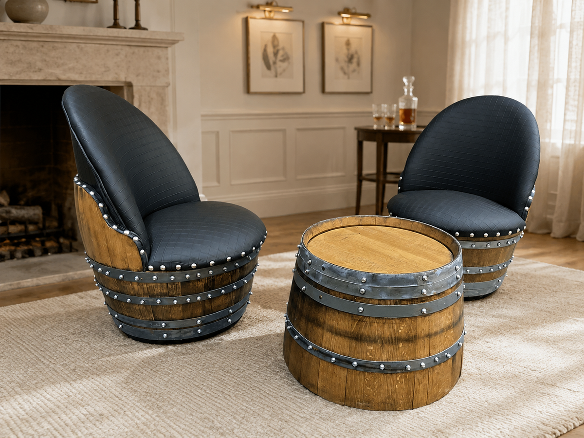 Whiskey &amp; Wine Barrel Coffee Table Set – 2 Chairs