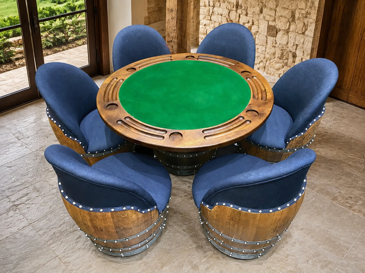 Whiskey &amp; Wine Barrel Game Table Set – 6 Chairs with Poker &amp; Dining Top