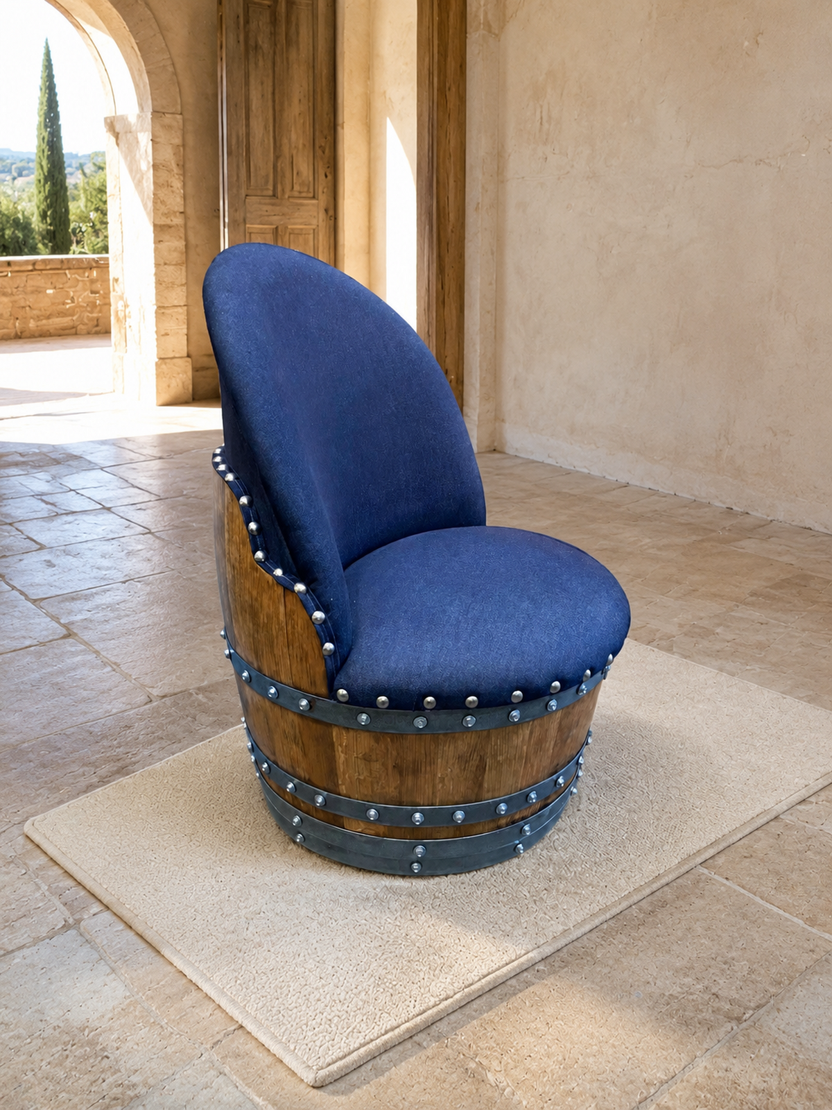Whiskey &amp; Wine Barrel Game Table Set – Total Denim Limited Edition, 6 Chairs
