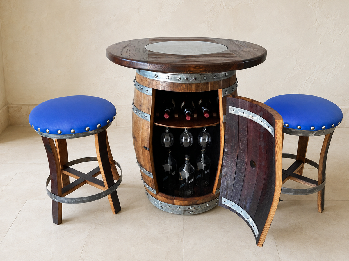 Whiskey &amp; Wine Barrel Pub Set – Limited Colorways, Glass Top &amp; Cabinet Storage