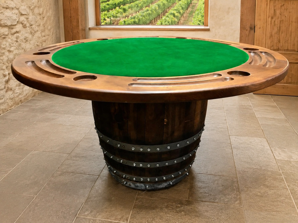 Whiskey &amp; Wine Barrel Game Table Set – 6 Chairs with Poker &amp; Dining Top