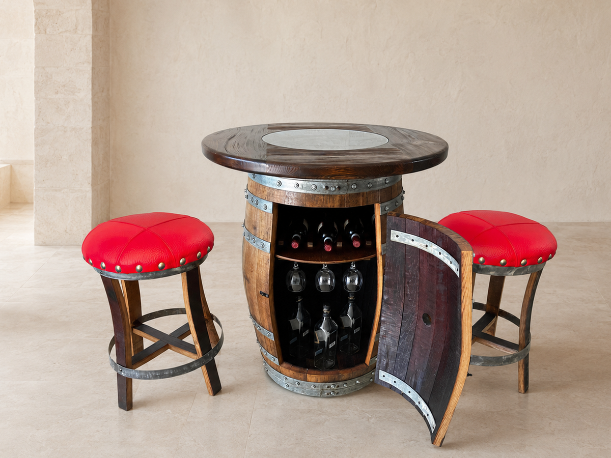 Whiskey &amp; Wine Barrel Pub Set – Limited Colorways, Glass Top &amp; Cabinet Storage