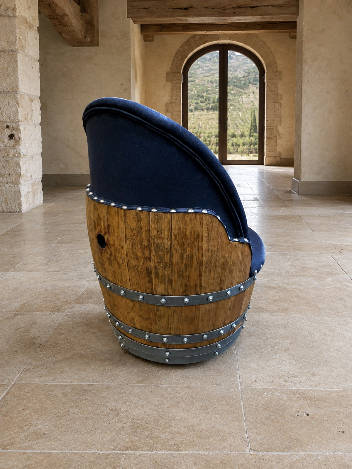 Whiskey &amp; Wine Barrel Game Table Set – Total Denim Limited Edition, 6 Chairs