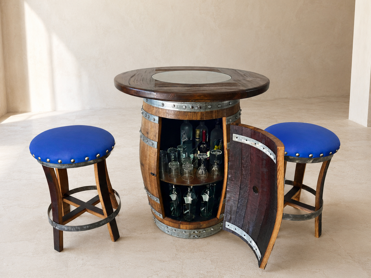 Whiskey &amp; Wine Barrel Pub Set – Limited Colorways, Glass Top &amp; Cabinet Storage