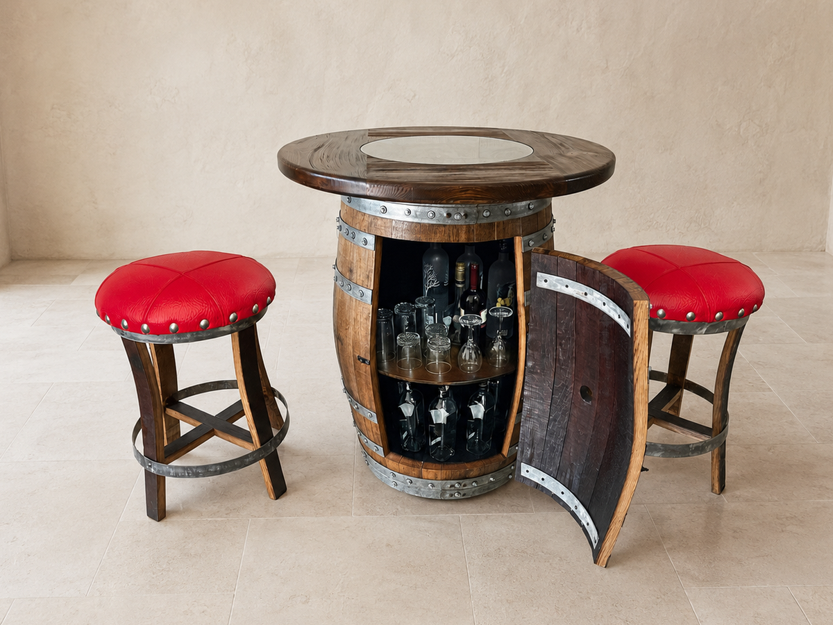 Whiskey &amp; Wine Barrel Pub Set – Limited Colorways, Glass Top &amp; Cabinet Storage
