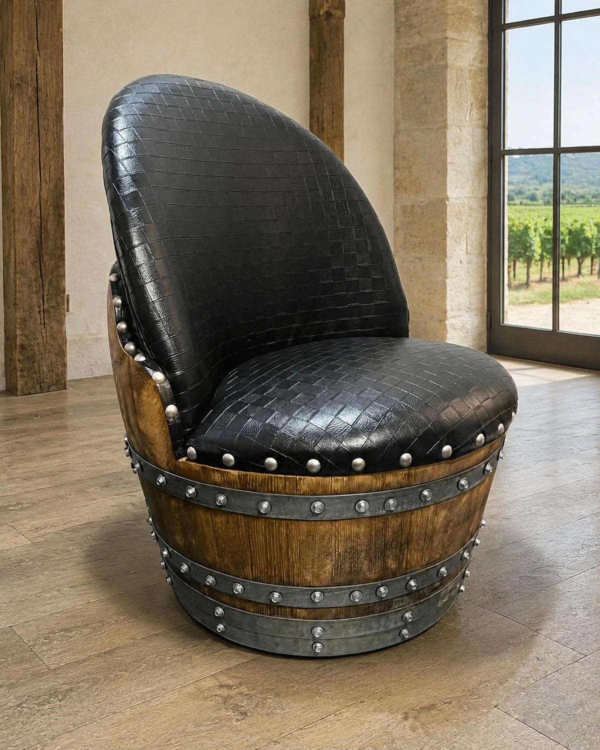 Whiskey &amp; Wine Barrel Steel-Leg Table Set – 3 Chairs, Modern Build