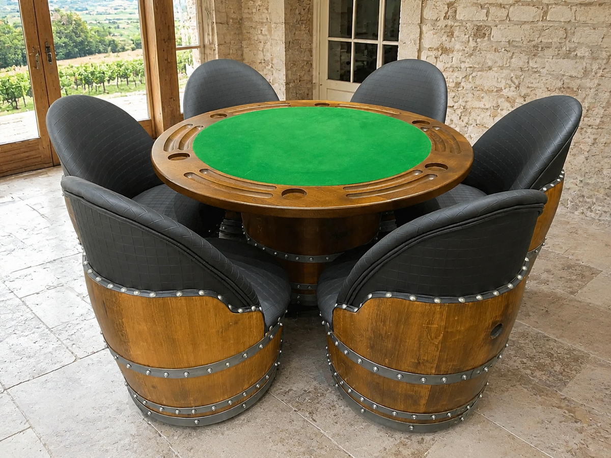 Whiskey &amp; Wine Barrel Game Table Set – 6 Chairs with Poker &amp; Dining Top