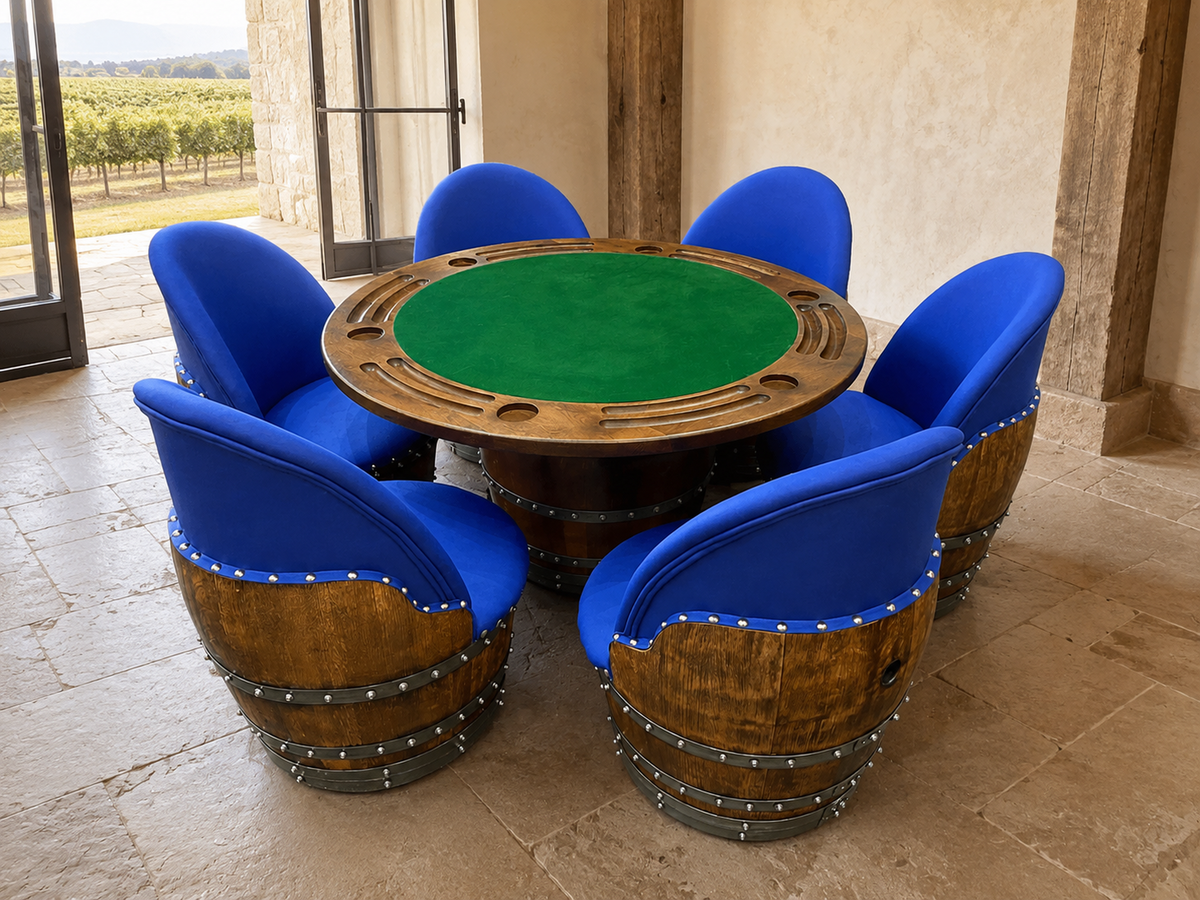 Whiskey &amp; Wine Barrel Game Table Set – 6 Chairs with Poker &amp; Dining Top