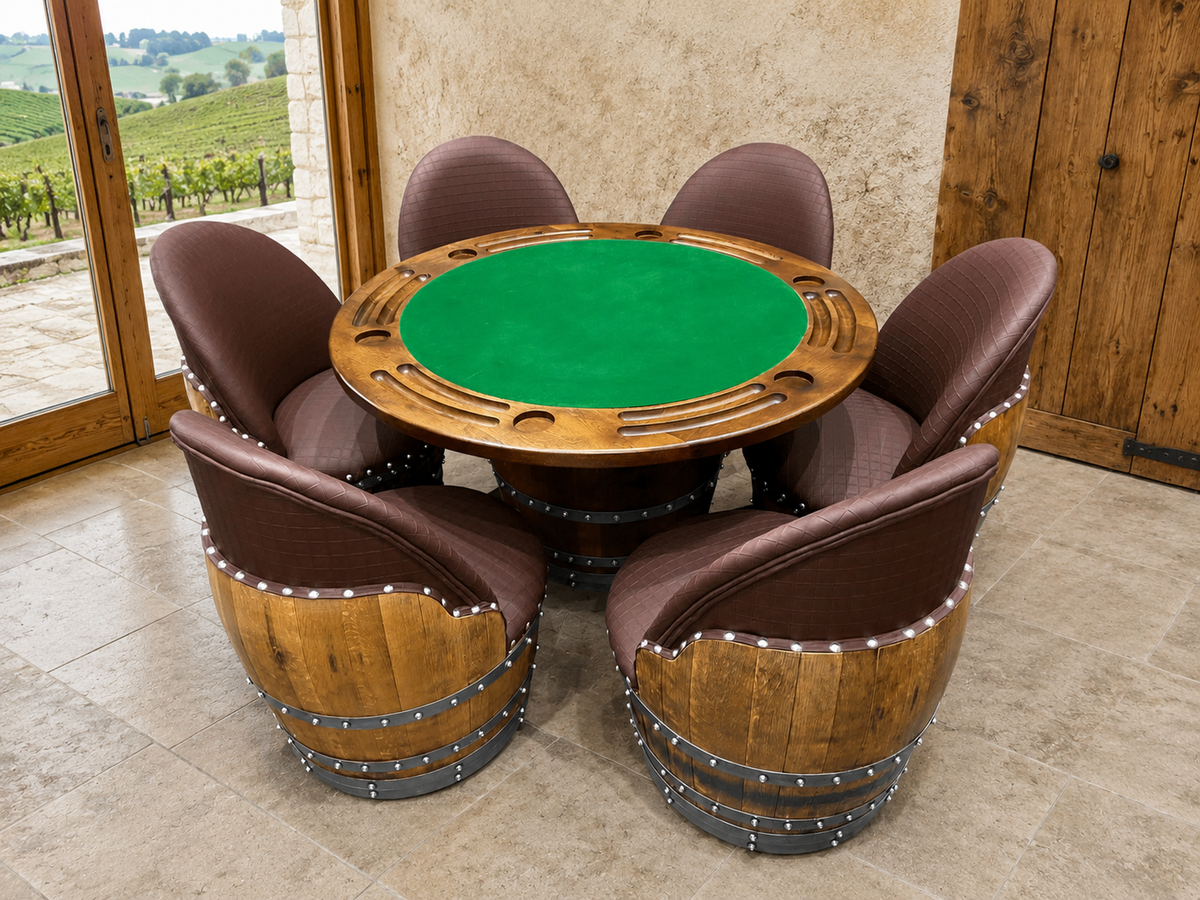 Whiskey &amp; Wine Barrel Game Table Set – 6 Chairs with Poker &amp; Dining Top