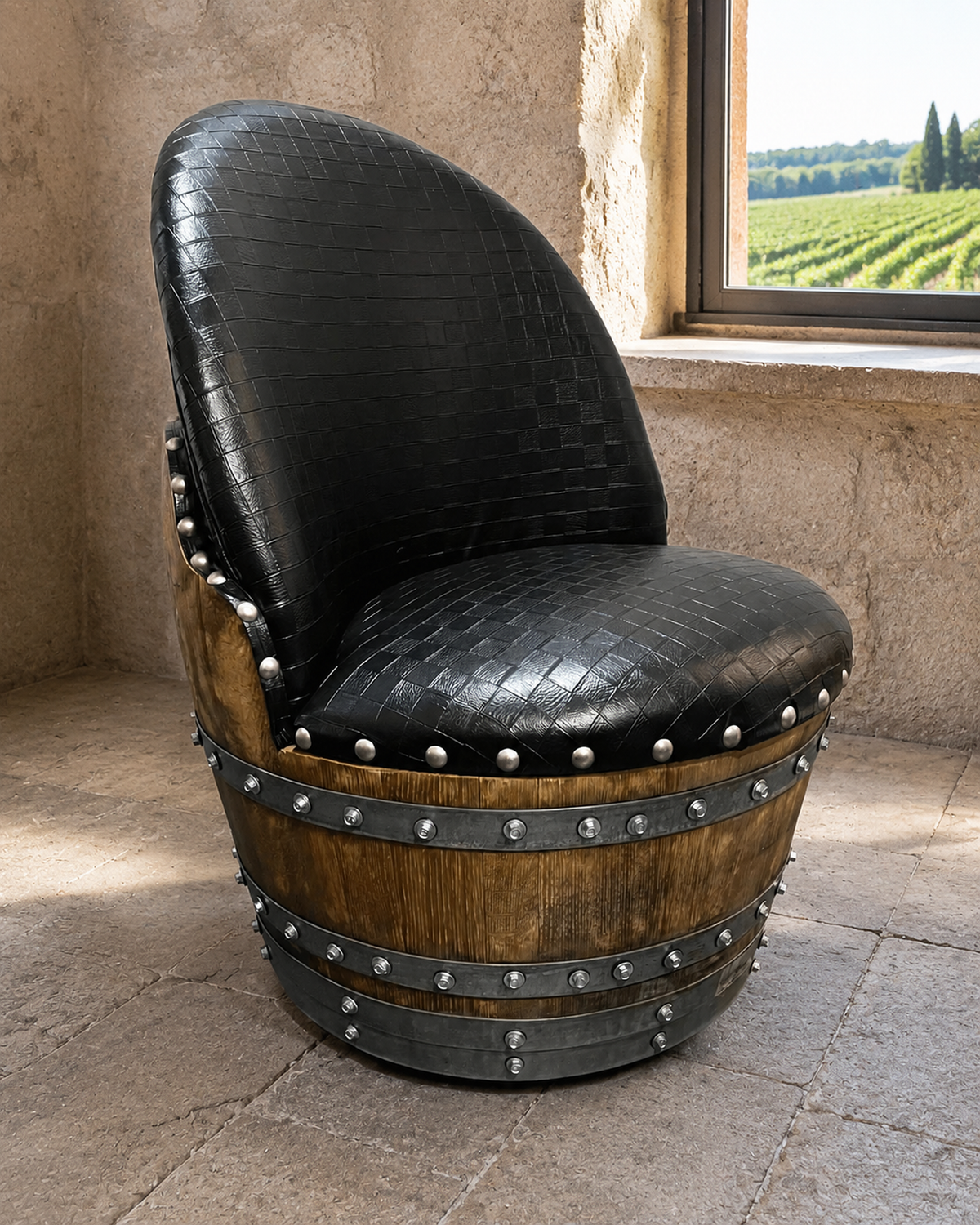 Whiskey &amp; Wine Barrel Game Table Set – 6 Chairs with Poker &amp; Dining Top