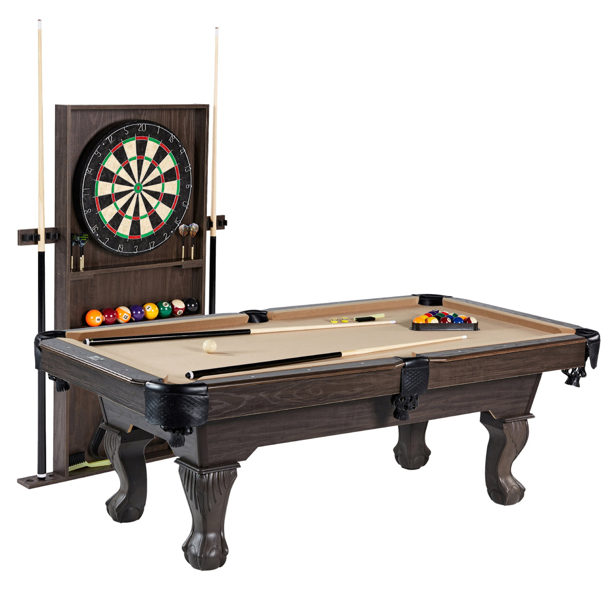 7.5 Ft Billiard Pool Table with Cue Rack, Dartboard, and Game Accessor