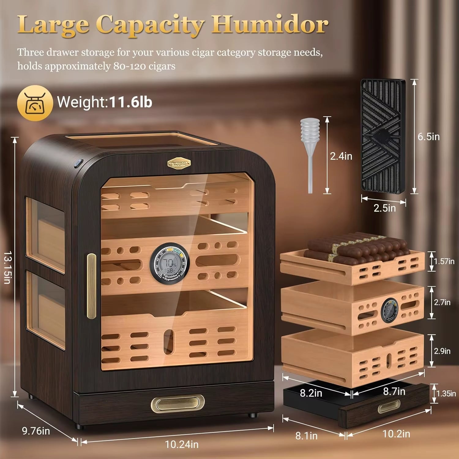 Cigar Humidor, Cedar Wood Drawer Cigar Cabinet for 80-120 Cigars, LED Lighting System, Digital Thermometer and 2 Humidifiers
