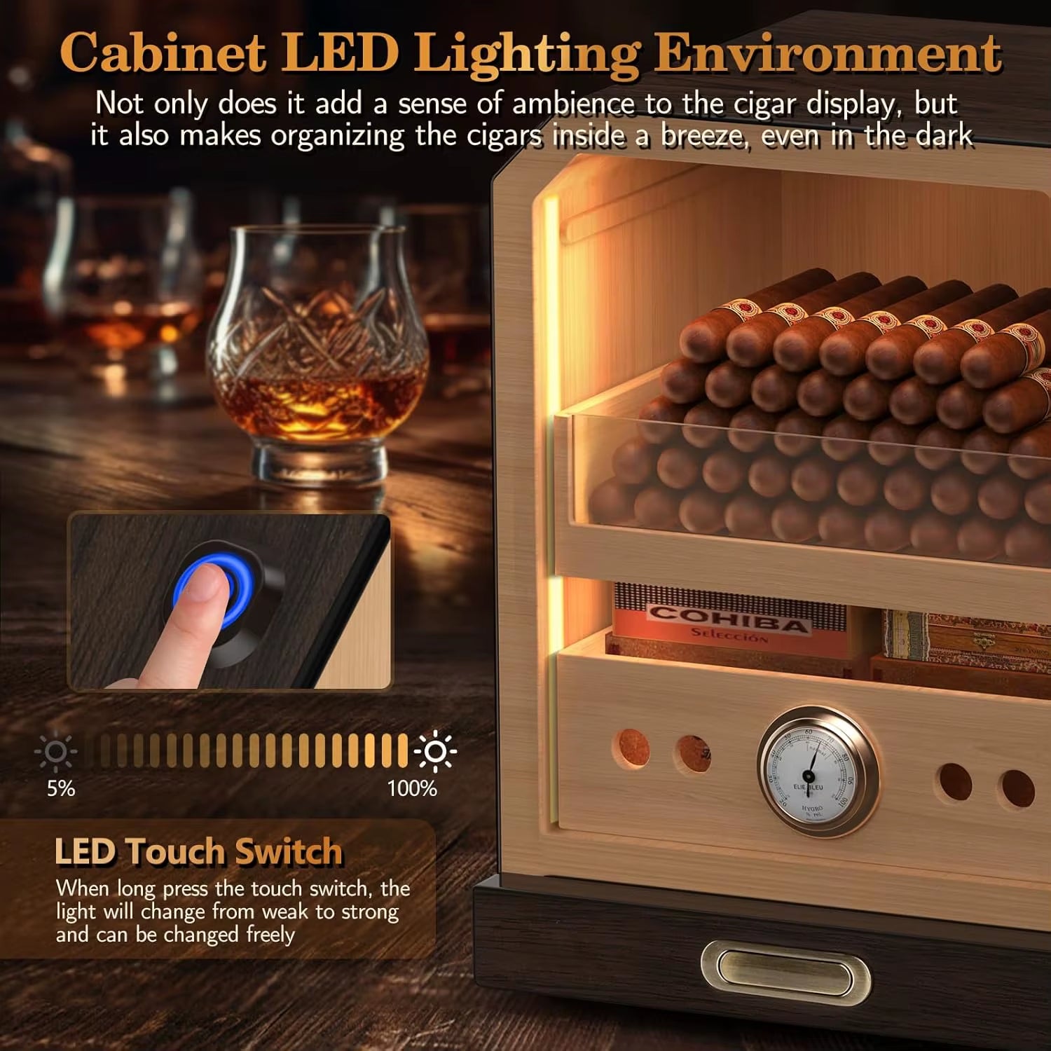 Cigar Humidor, Lighted Control Magnetic Door, with Cigar Accessory Drawer and 2 Humidifiers 3 Layer Large Capacity Storage