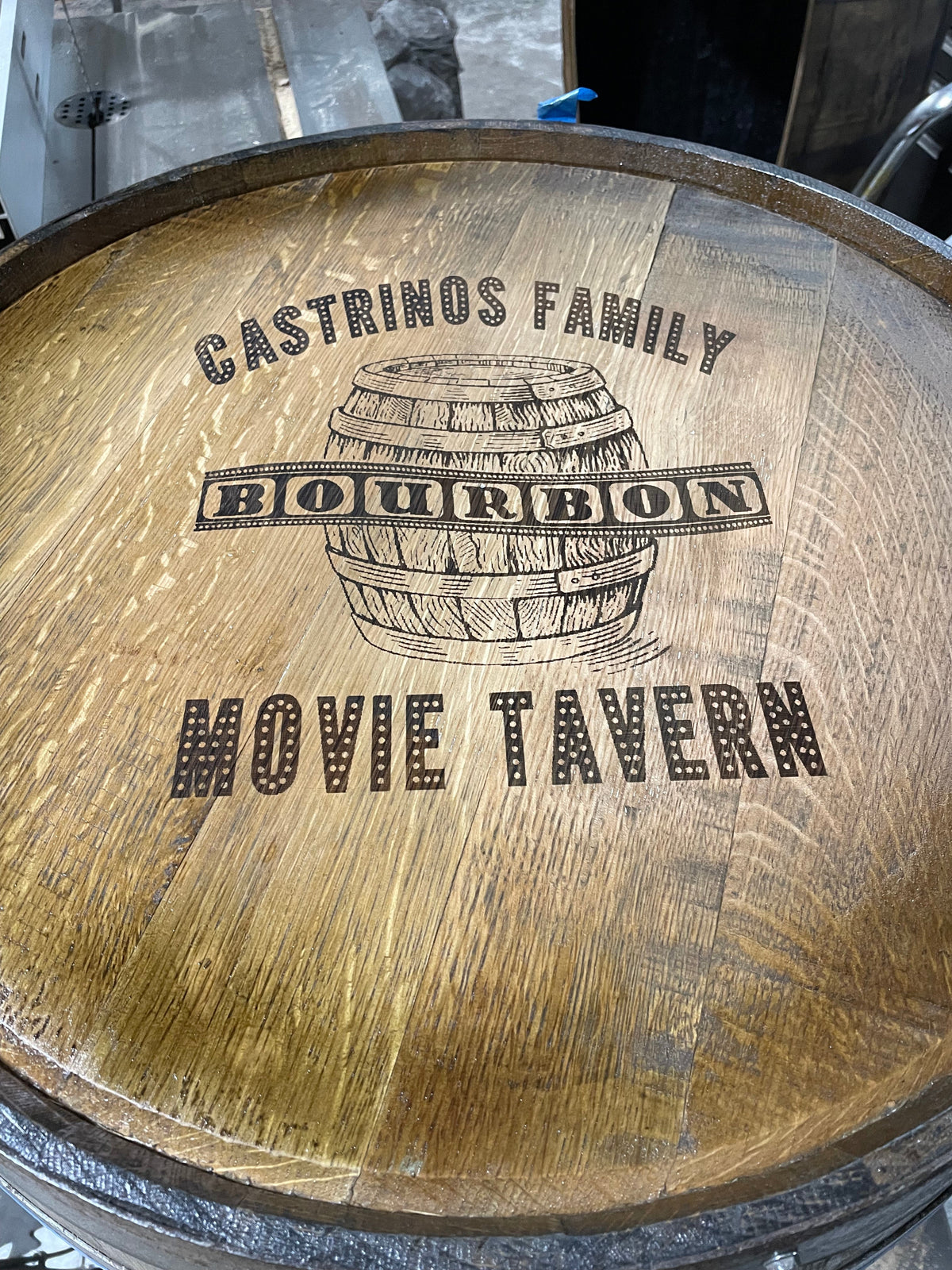 Open Face Whiskey Barrel Cabinet – Custom Engraved Bourbon Barrel Storage