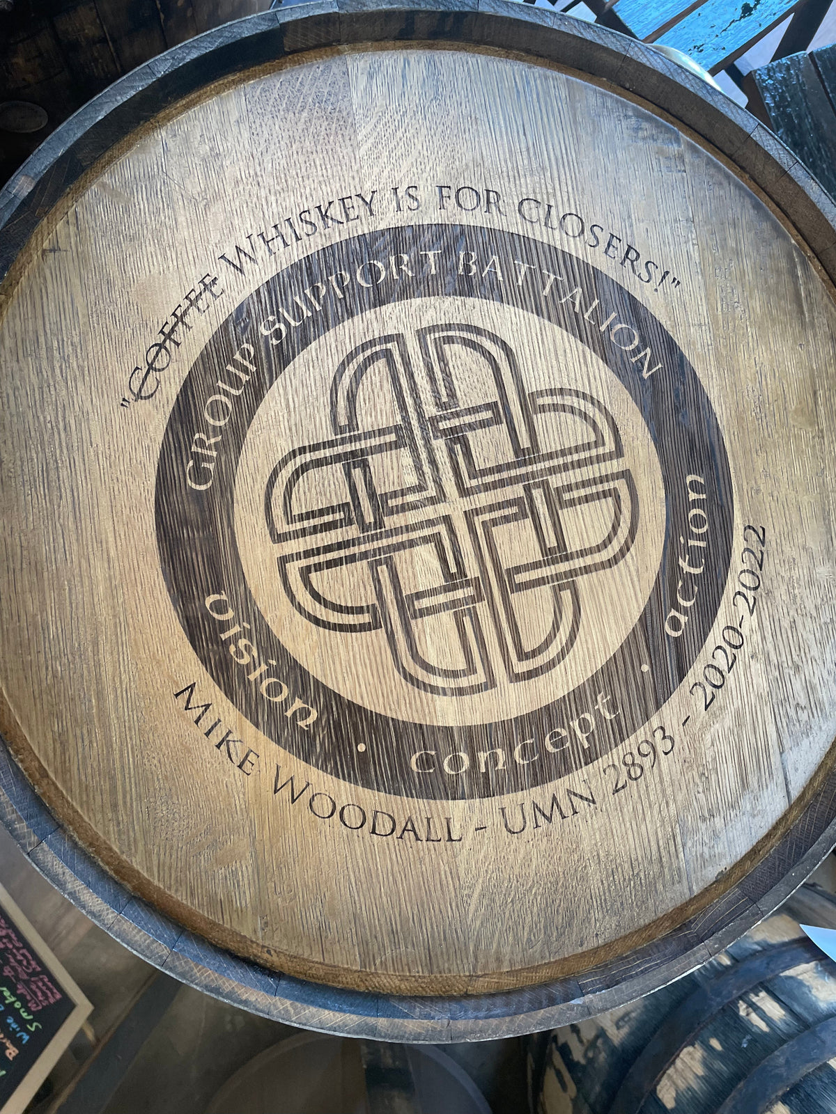 Open Face Whiskey Barrel Cabinet – Custom Engraved Bourbon Barrel Storage