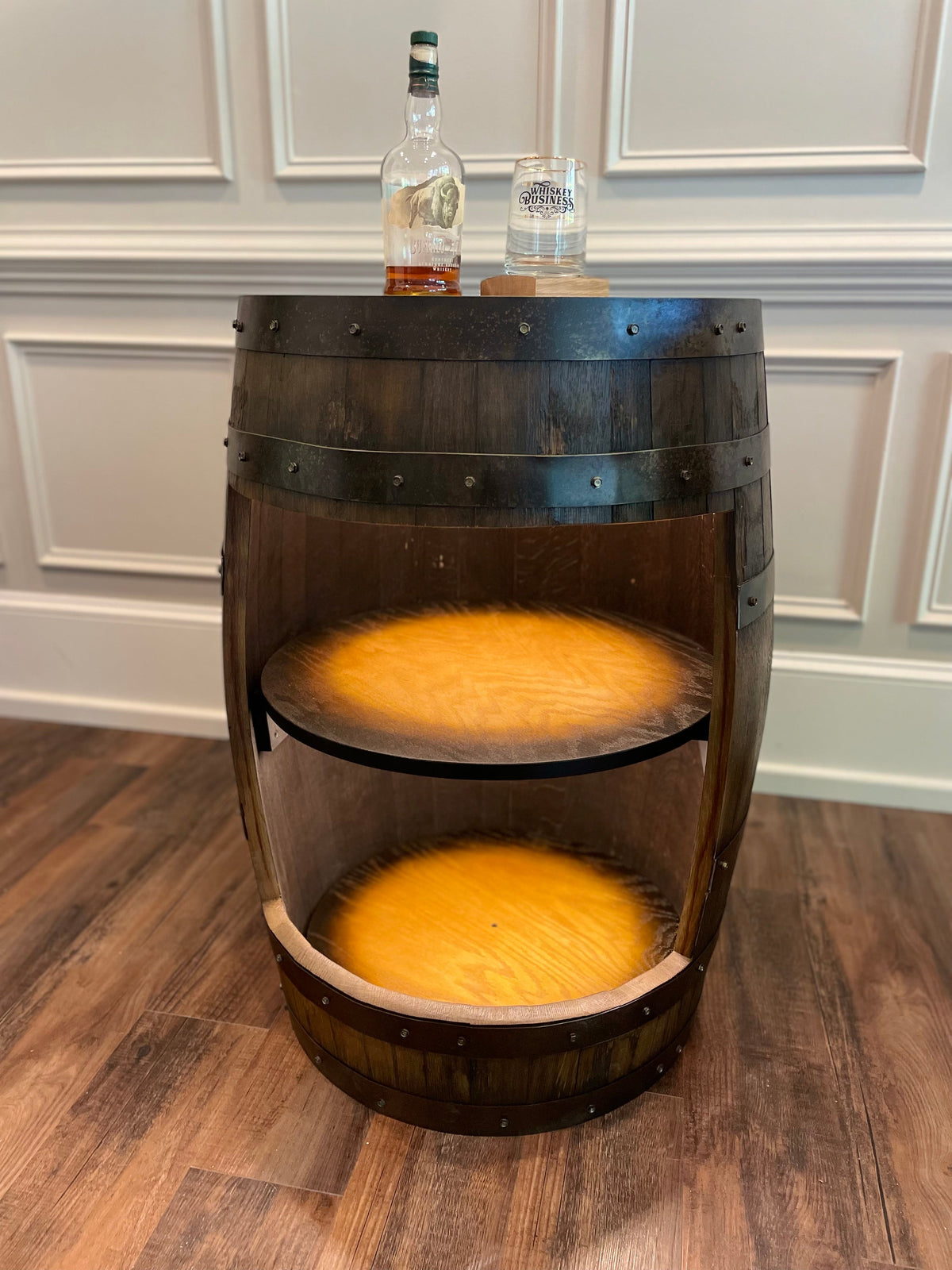 Open Face Whiskey Barrel Cabinet – Custom Engraved Bourbon Barrel Storage