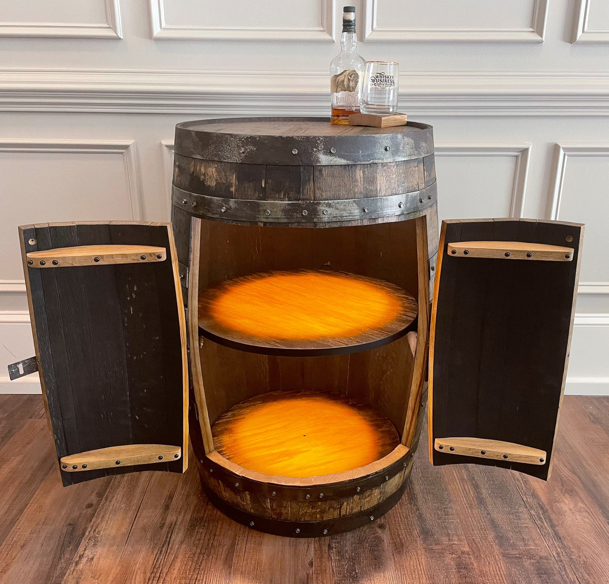 Standard Whiskey Barrel Cabinet – Custom Engraved Bourbon Barrel Storage