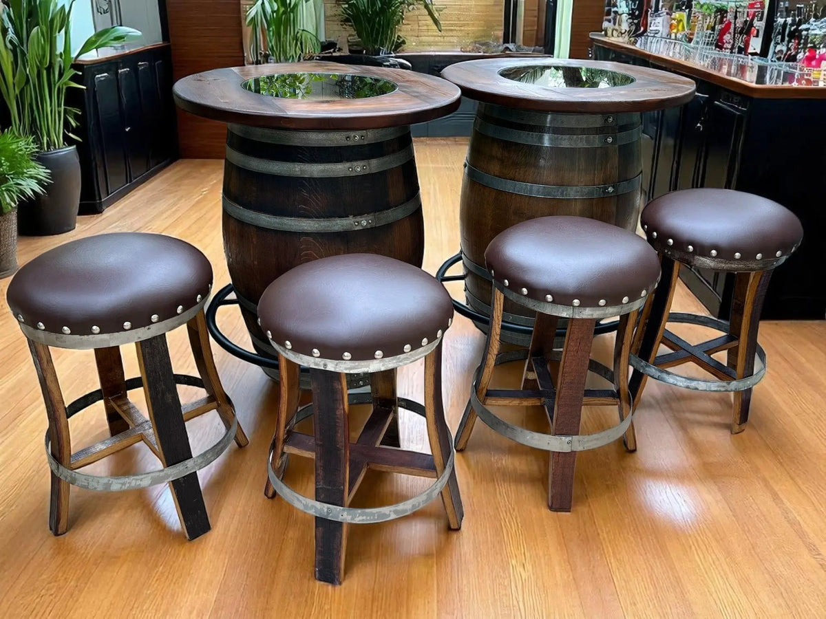 Whiskey &amp; Wine Barrel Double Bar Set – Wood or Glass Top with 0–8 Stools