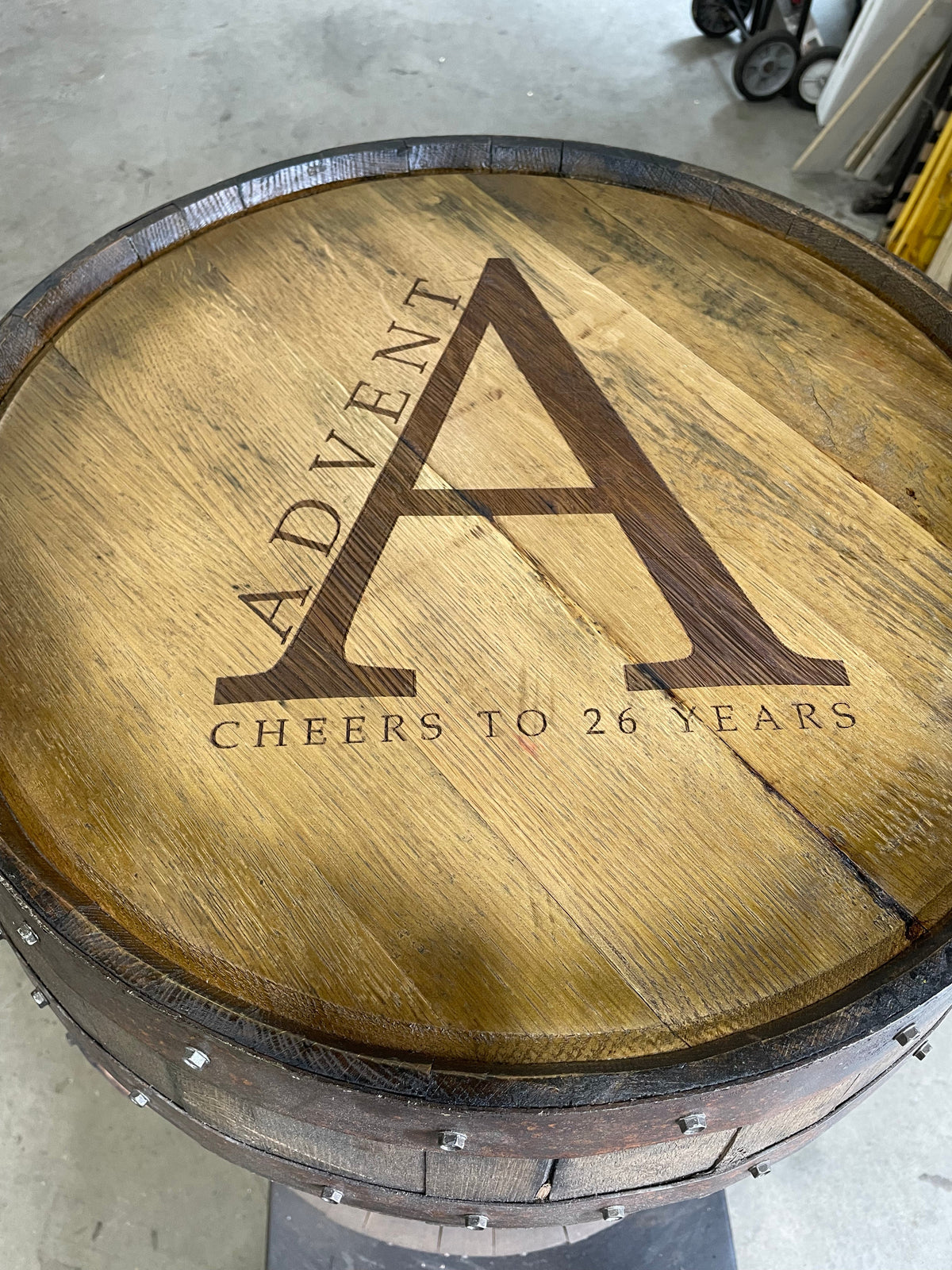Open Face Whiskey Barrel Cabinet – Custom Engraved Bourbon Barrel Storage