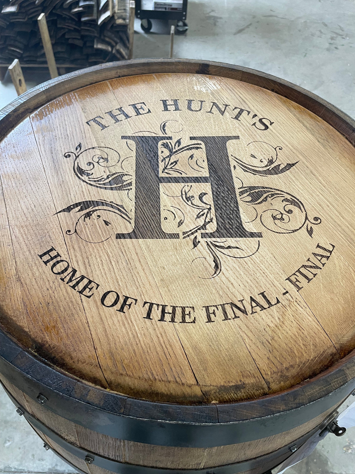 Open Face Whiskey Barrel Cabinet – Custom Engraved Bourbon Barrel Storage