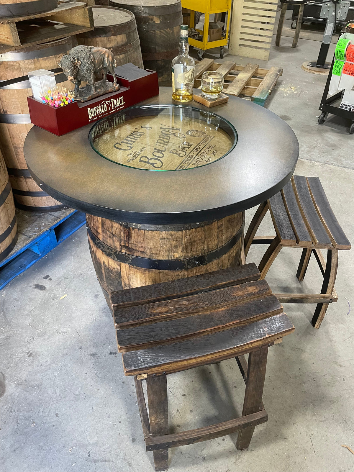 Bourbon Barrel Bistro/Pub Table – Custom Engraved Whiskey Barrel Table