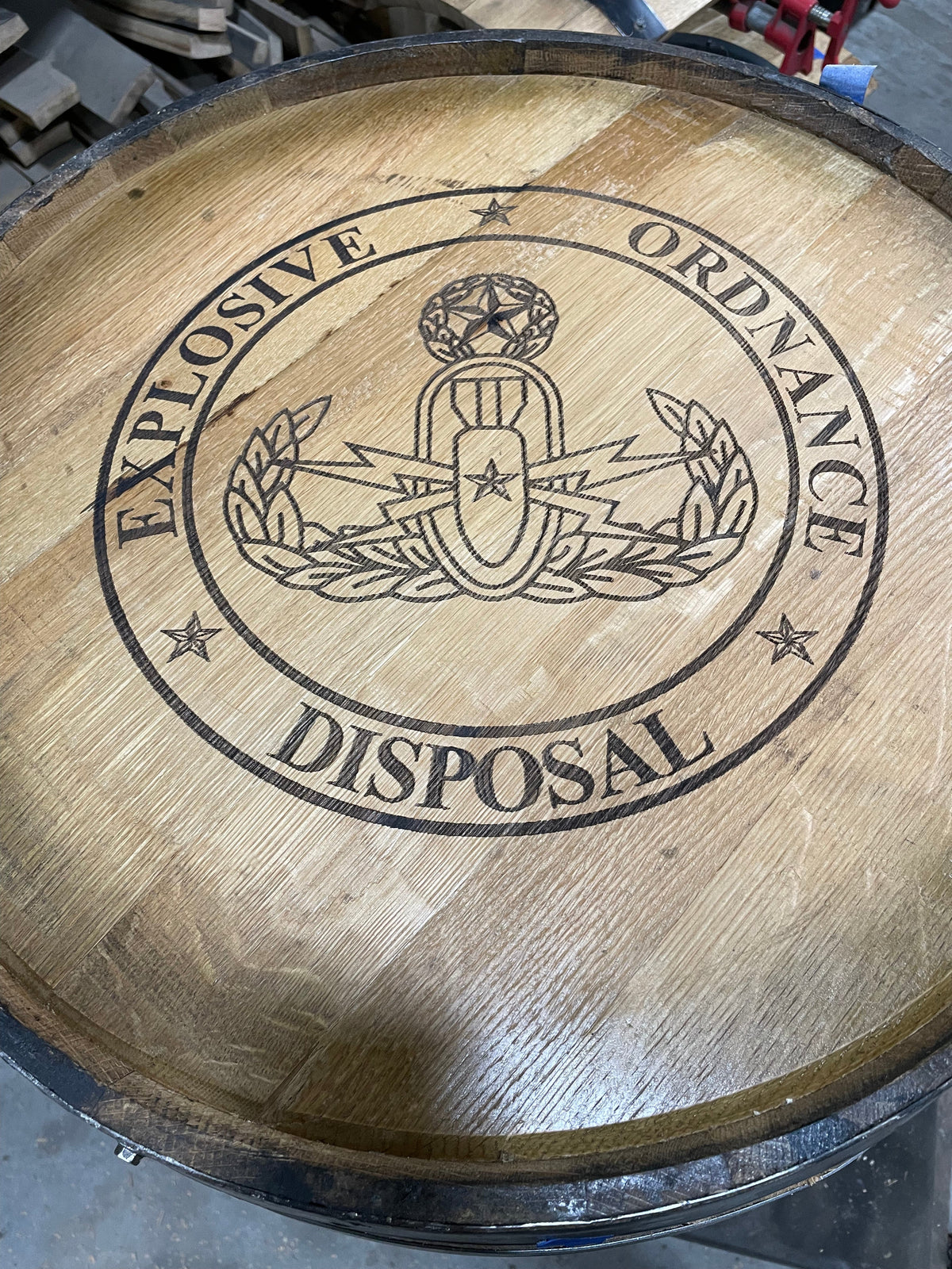 Open Face Whiskey Barrel Cabinet – Custom Engraved Bourbon Barrel Storage