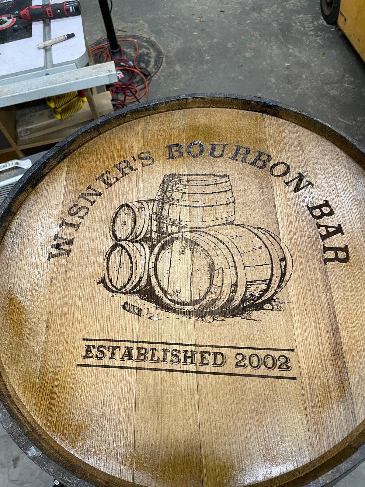 Open Face Whiskey Barrel Cabinet – Custom Engraved Bourbon Barrel Storage
