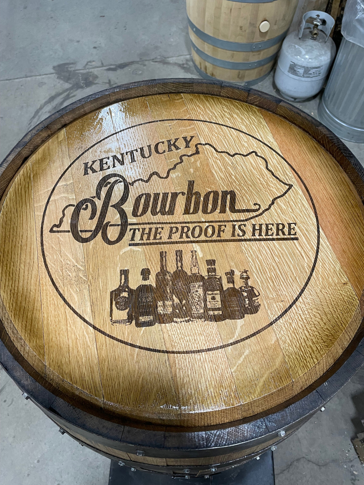 Open Face Whiskey Barrel Cabinet – Custom Engraved Bourbon Barrel Storage
