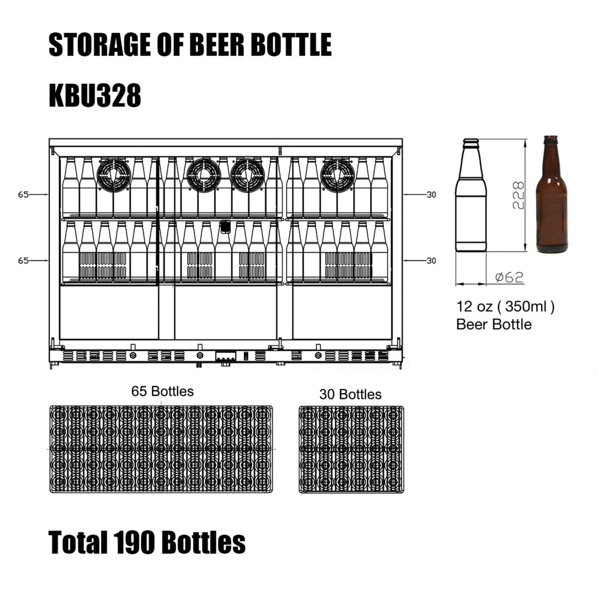 KingsBottle 53-Inch Under-Counter Beverage Refrigerator with Heated Glass Door