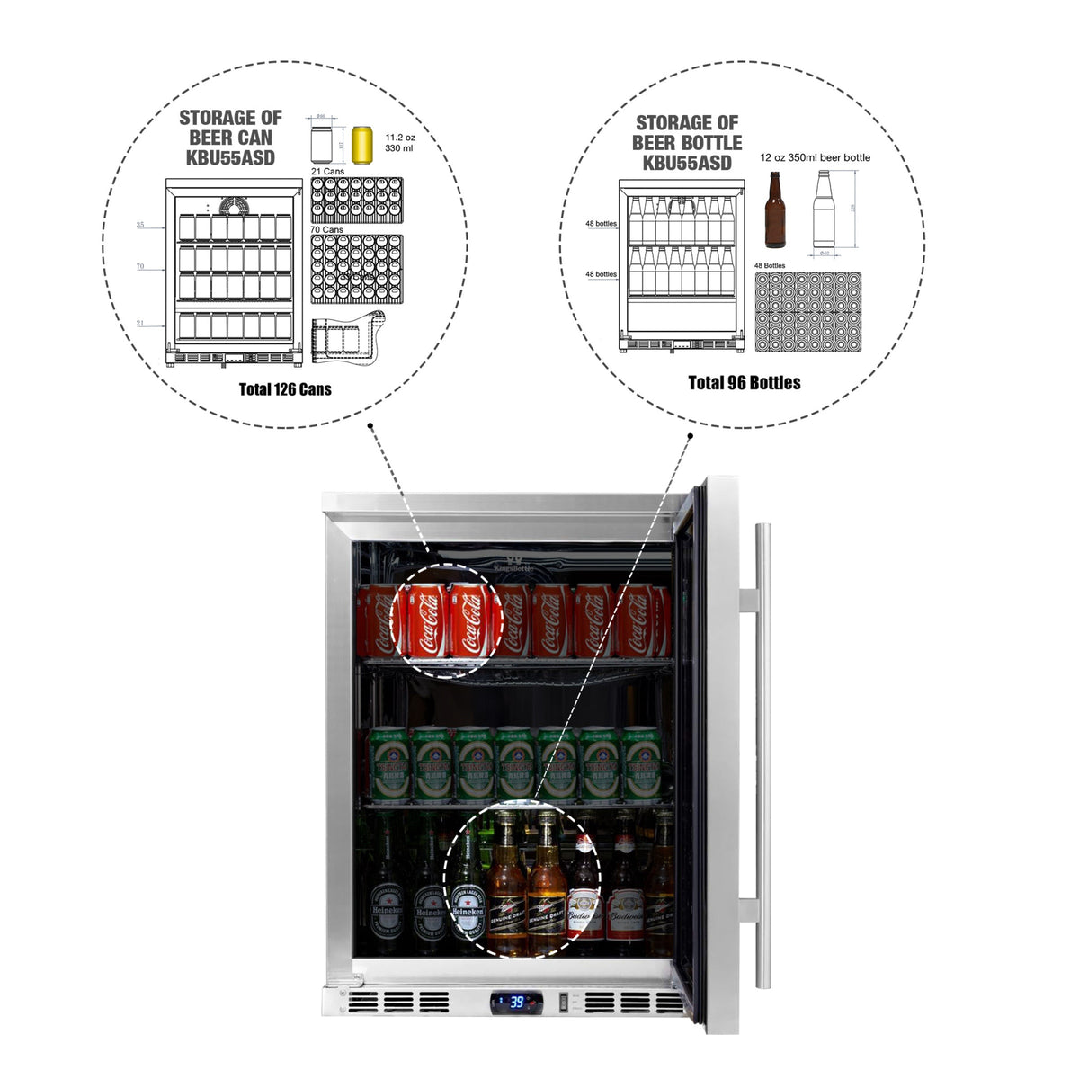 KingsBottle 24-Inch Under-Counter Beverage Refrigerator with Heated Glass Door