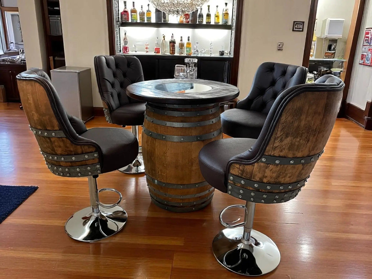 Whiskey &amp; Wine Barrel Bar Set – Liquor Cabinet, Pub Table &amp; Luxury Bar Stools