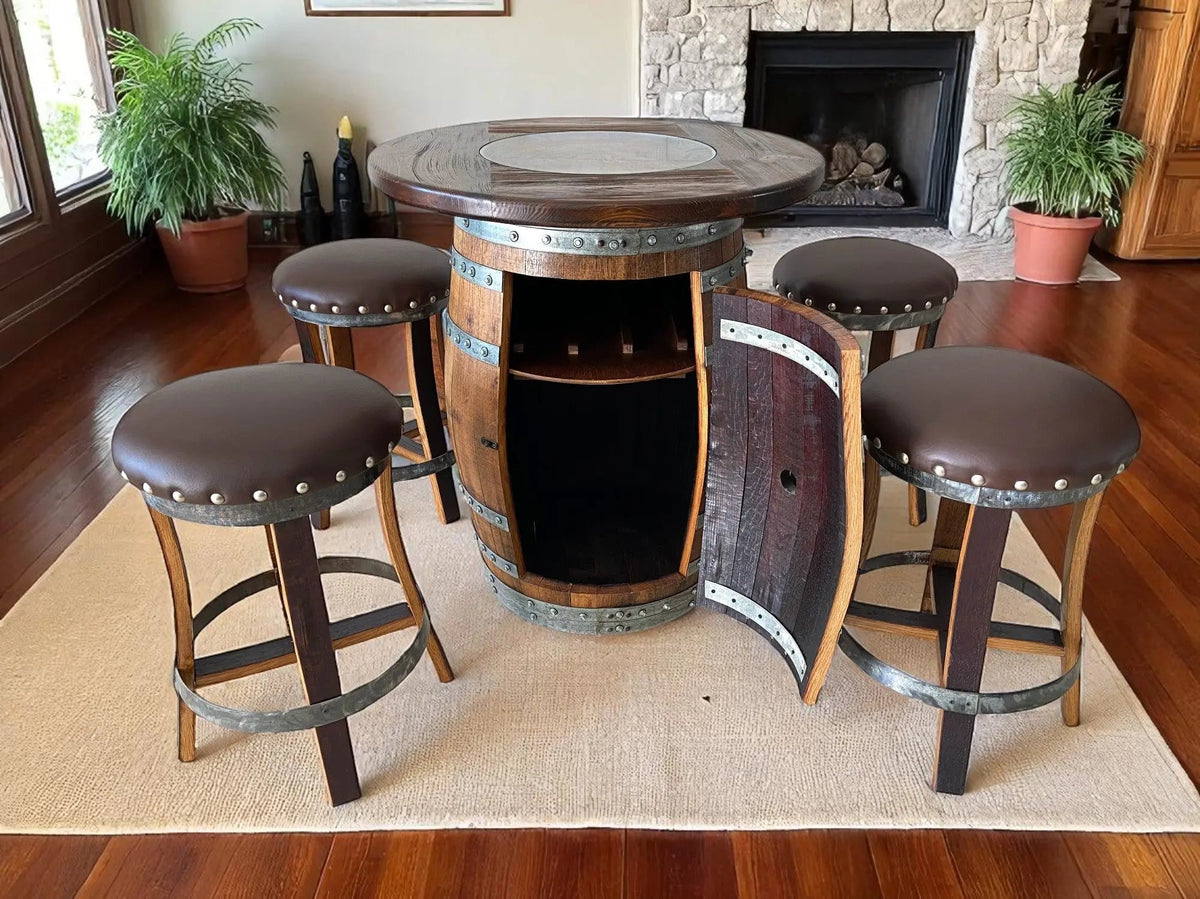 Whiskey &amp; Wine Barrel Pub Set – 4 Stools, Counter Height, Cabinet Storage