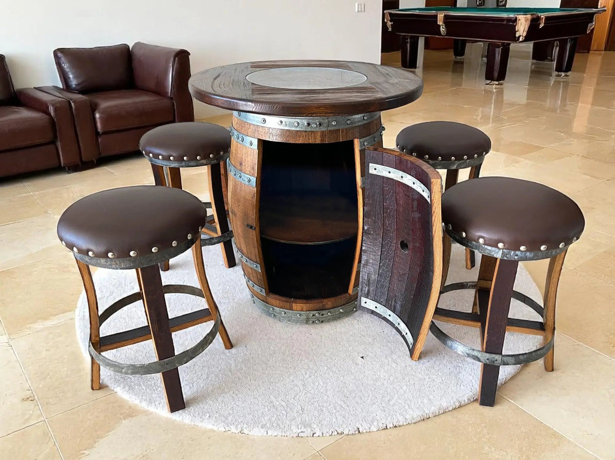 Whiskey &amp; Wine Barrel Pub Set – 4 Stools, Counter Height, Cabinet Storage