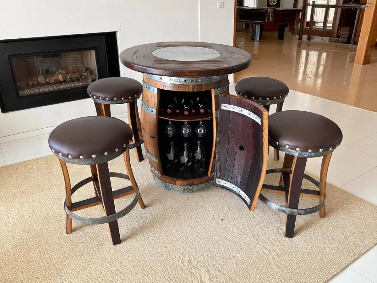 Whiskey &amp; Wine Barrel Pub Set – 4 Stools, Counter Height, Cabinet Storage