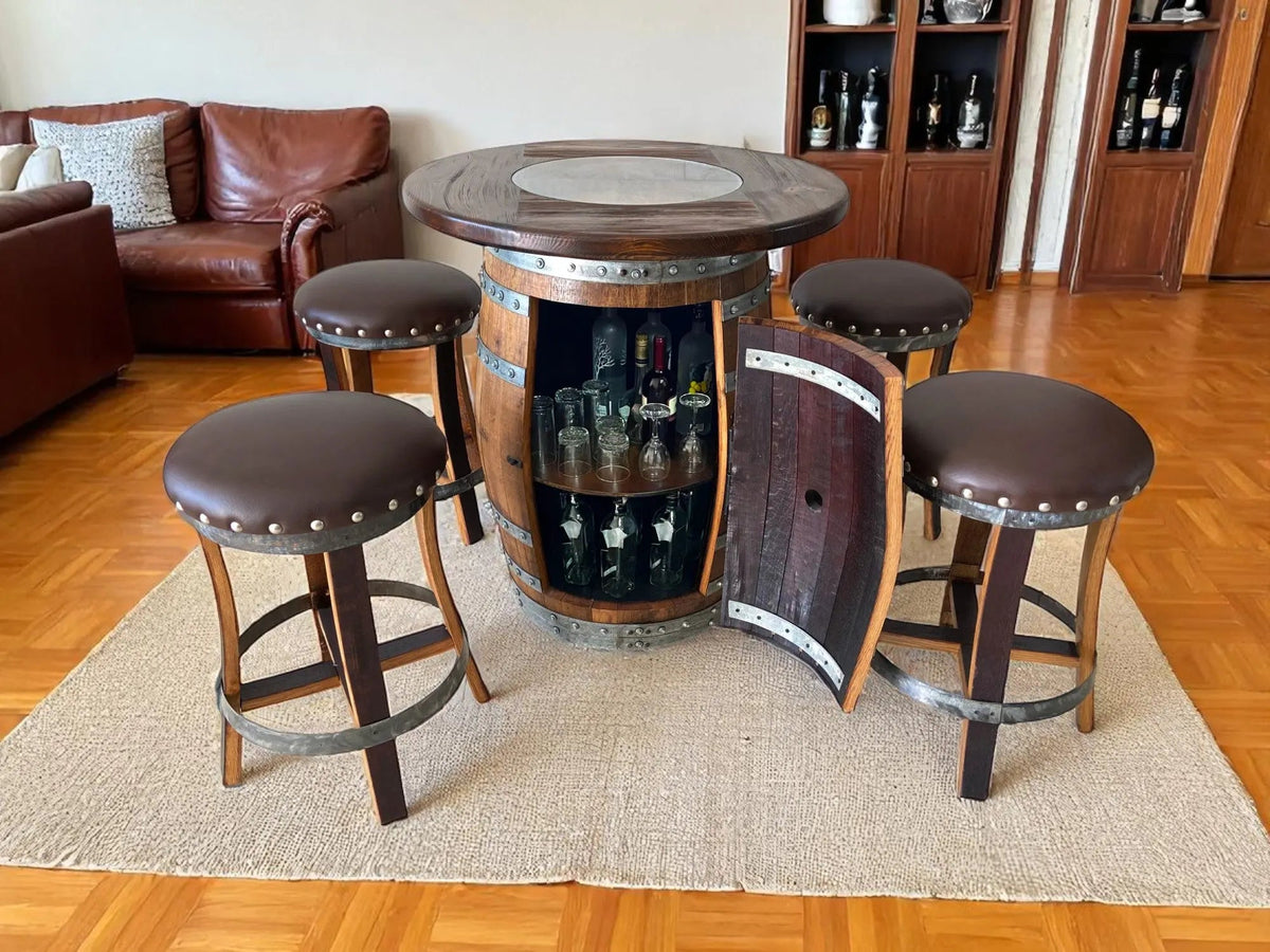 Whiskey &amp; Wine Barrel Pub Set – 4 Stools, Counter Height, Cabinet Storage