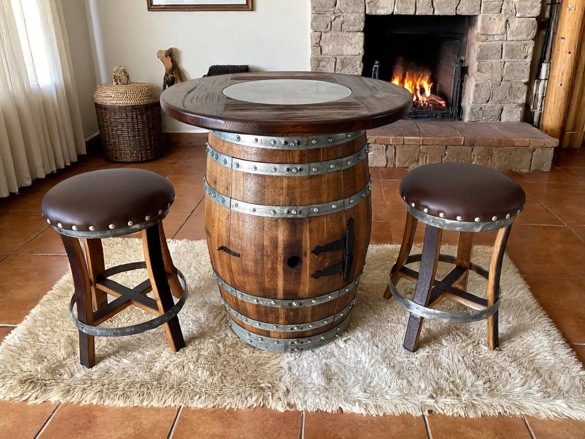 Whiskey &amp; Wine Barrel Pub Set – 2 Stools, Counter Height, Cabinet Storage