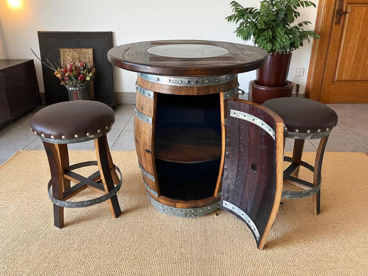 Whiskey &amp; Wine Barrel Pub Set – 2 Stools, Counter Height, Cabinet Storage