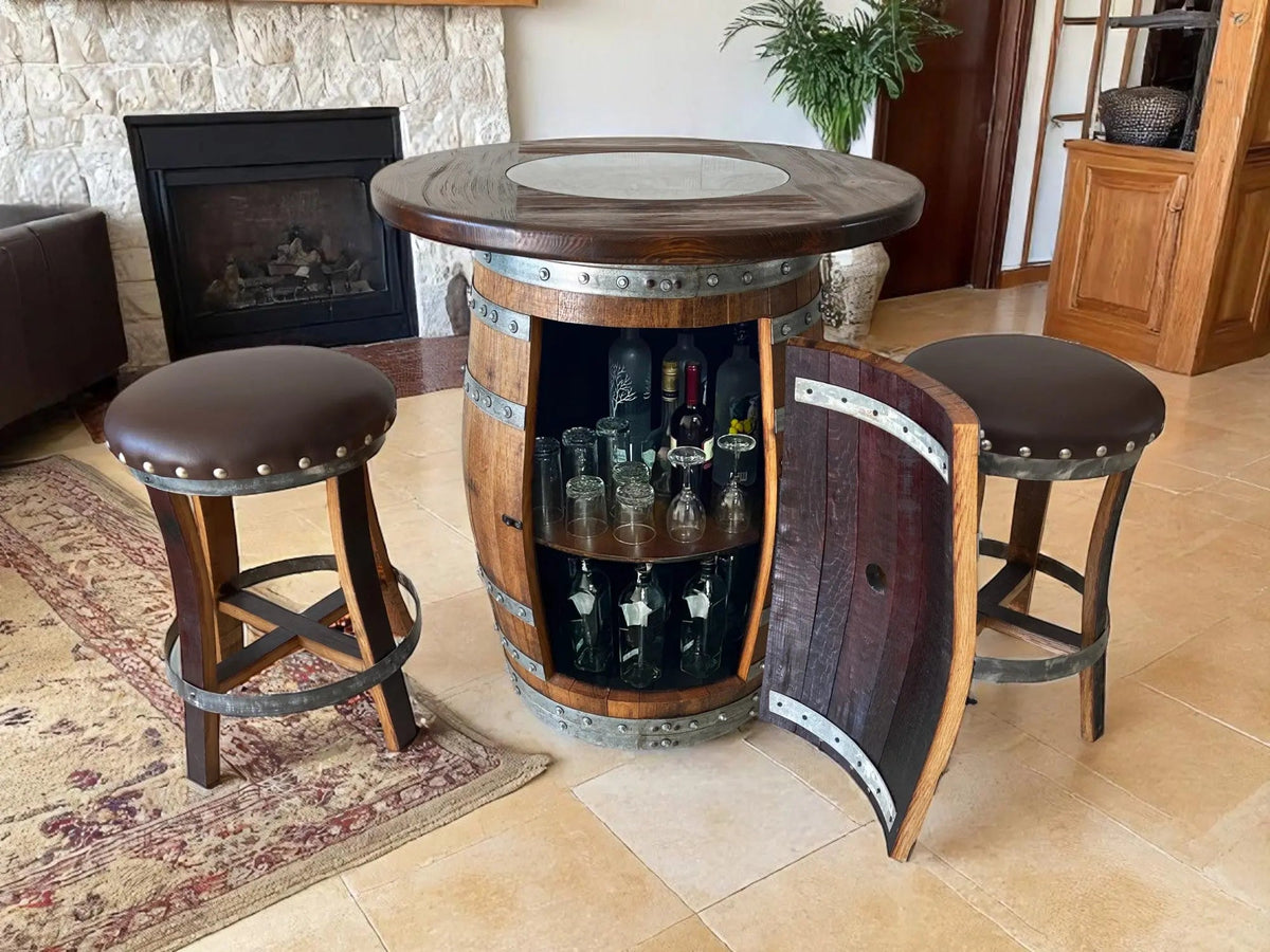 Whiskey &amp; Wine Barrel Pub Set – 2 Stools, Counter Height, Cabinet Storage