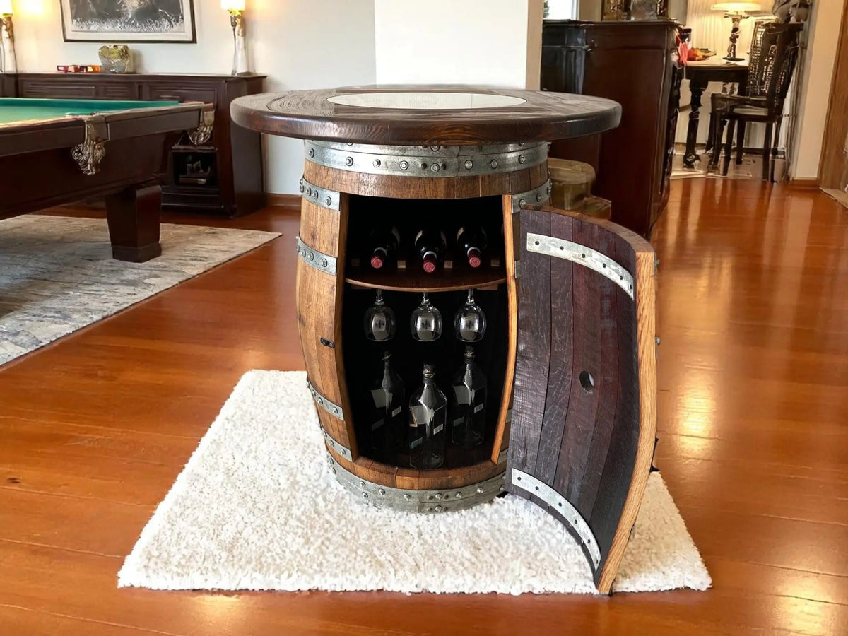 Whiskey &amp; Wine Barrel Pub Set – 2 Stools, Counter Height, Cabinet Storage