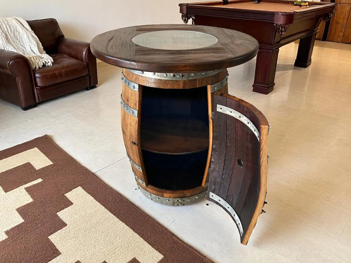 Whiskey &amp; Wine Barrel Pub Set – 2 Stools, Counter Height, Cabinet Storage