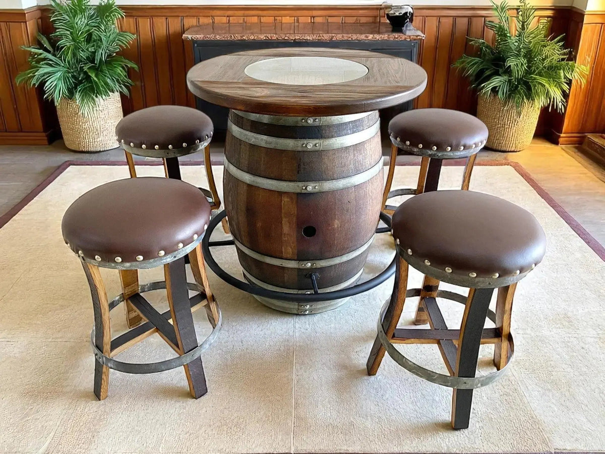 Whiskey &amp; Wine Barrel Bistro Pub Set – 4 Stools, Glass Top &amp; Foot Rail