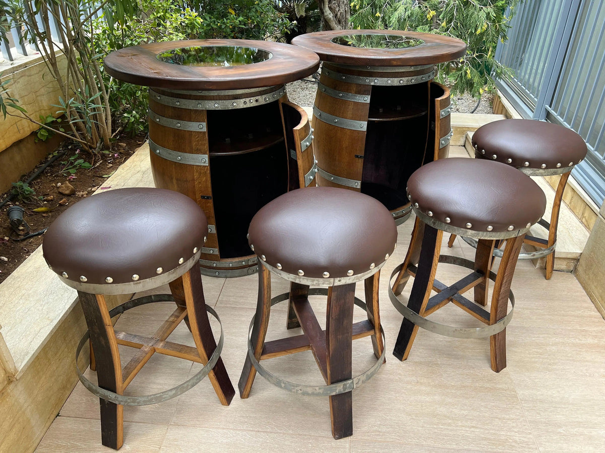 Whiskey &amp; Wine Barrel Double Liquor Cabinet – Door Storage Shelf, 0–8 Stools