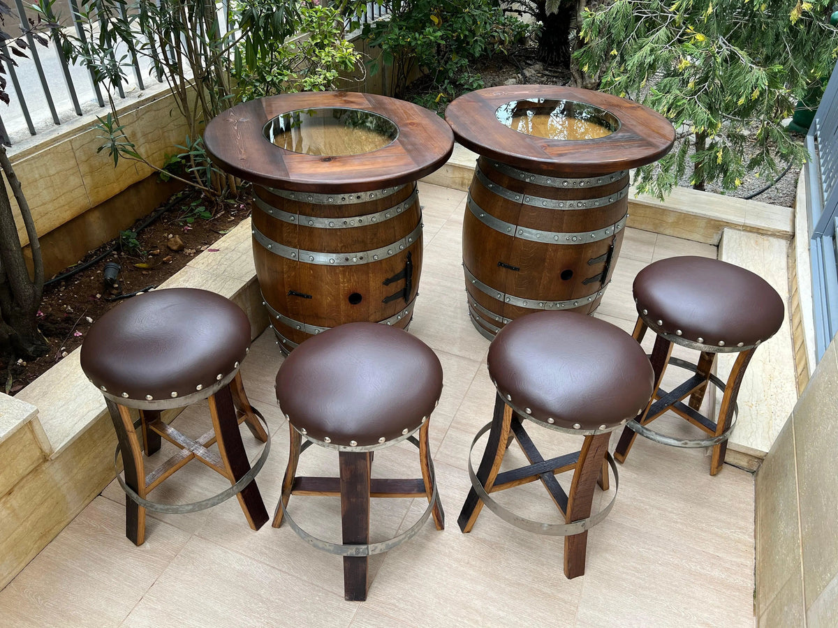 Whiskey &amp; Wine Barrel Double Liquor Cabinet – Door Storage Shelf, 0–8 Stools