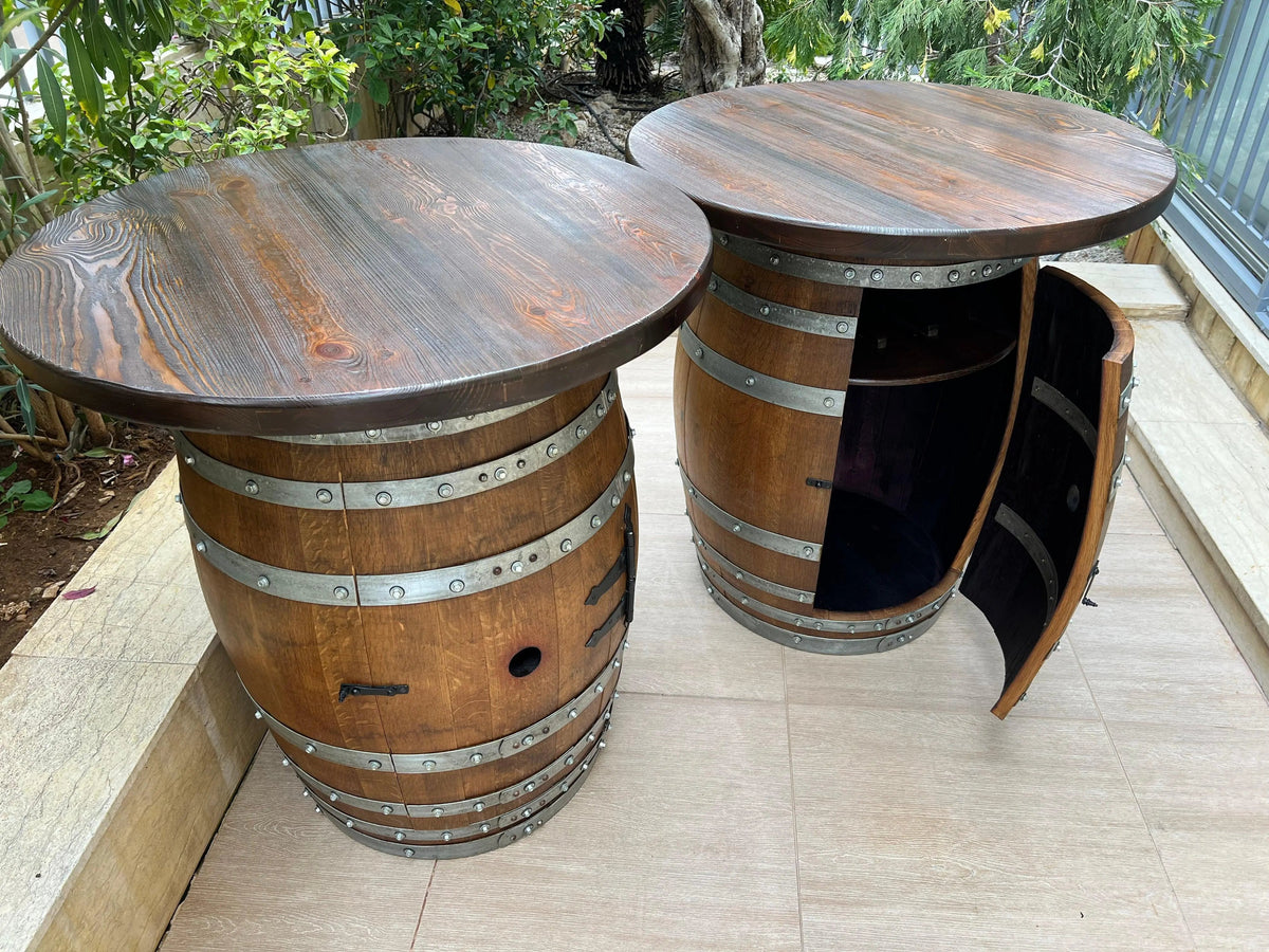 Whiskey &amp; Wine Barrel Double Liquor Cabinet – Door Storage Shelf, 0–8 Stools