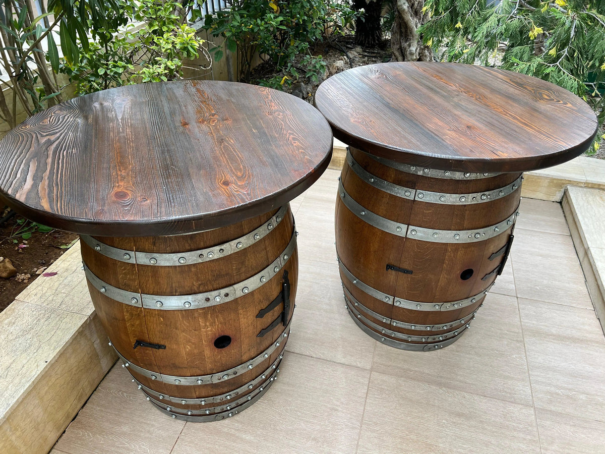 Whiskey &amp; Wine Barrel Double Liquor Cabinet – Door Storage Shelf, 0–8 Stools