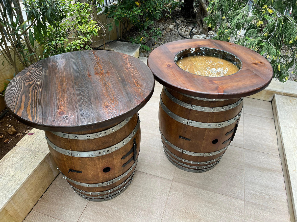Whiskey &amp; Wine Barrel Double Liquor Cabinet – Door Storage Shelf, 0–8 Stools